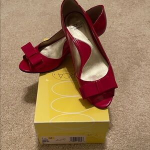 Joan & David Vibrant Red Bow Peep Toe Baby Heels